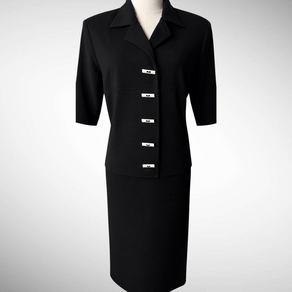 Henry Lee Black Sheath Dress White Bar Buttons Minimalist USA 90s M Vintage